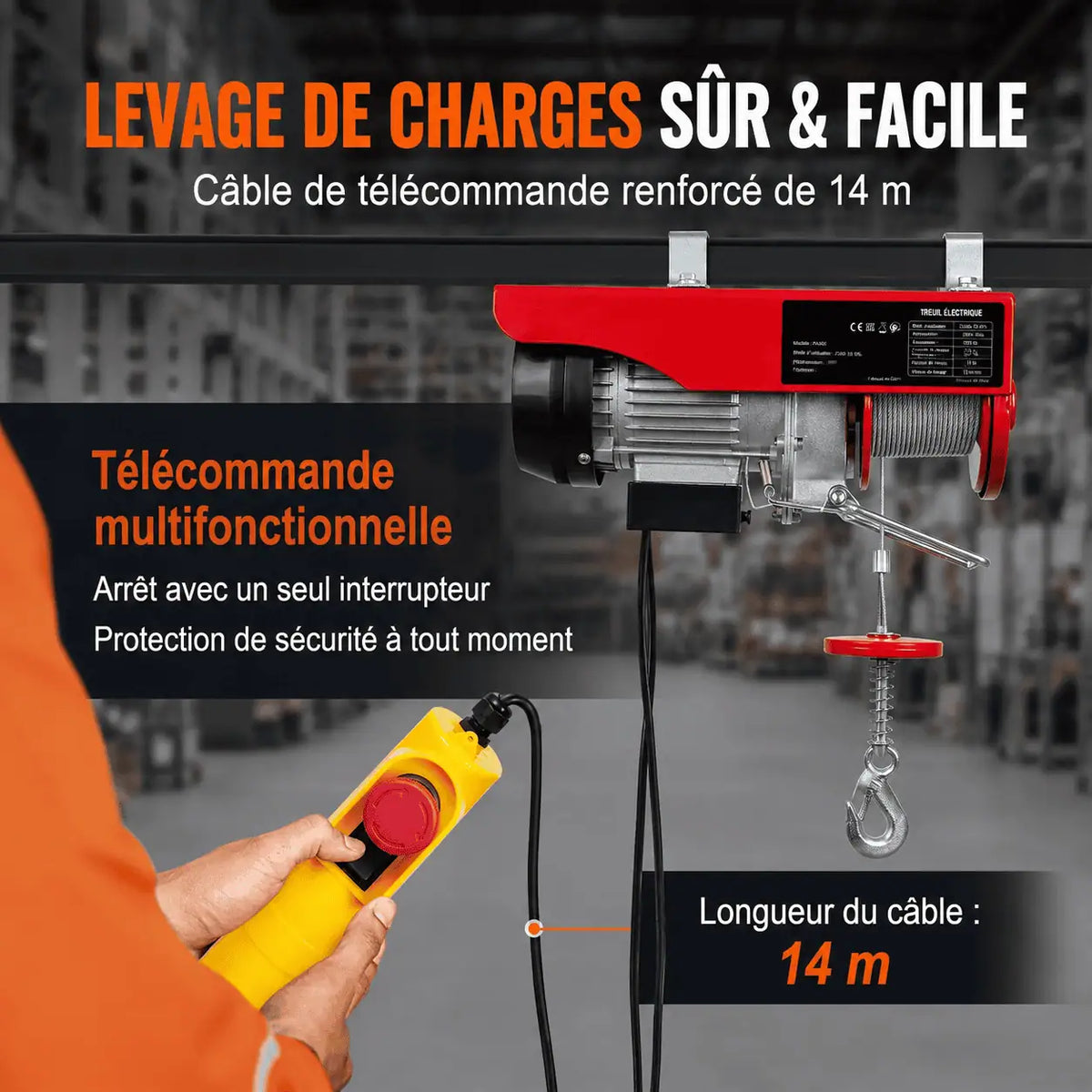 Câble de télécommande filaire renforcé de 14 m avec interrupteur d'arrêt sur la poignée