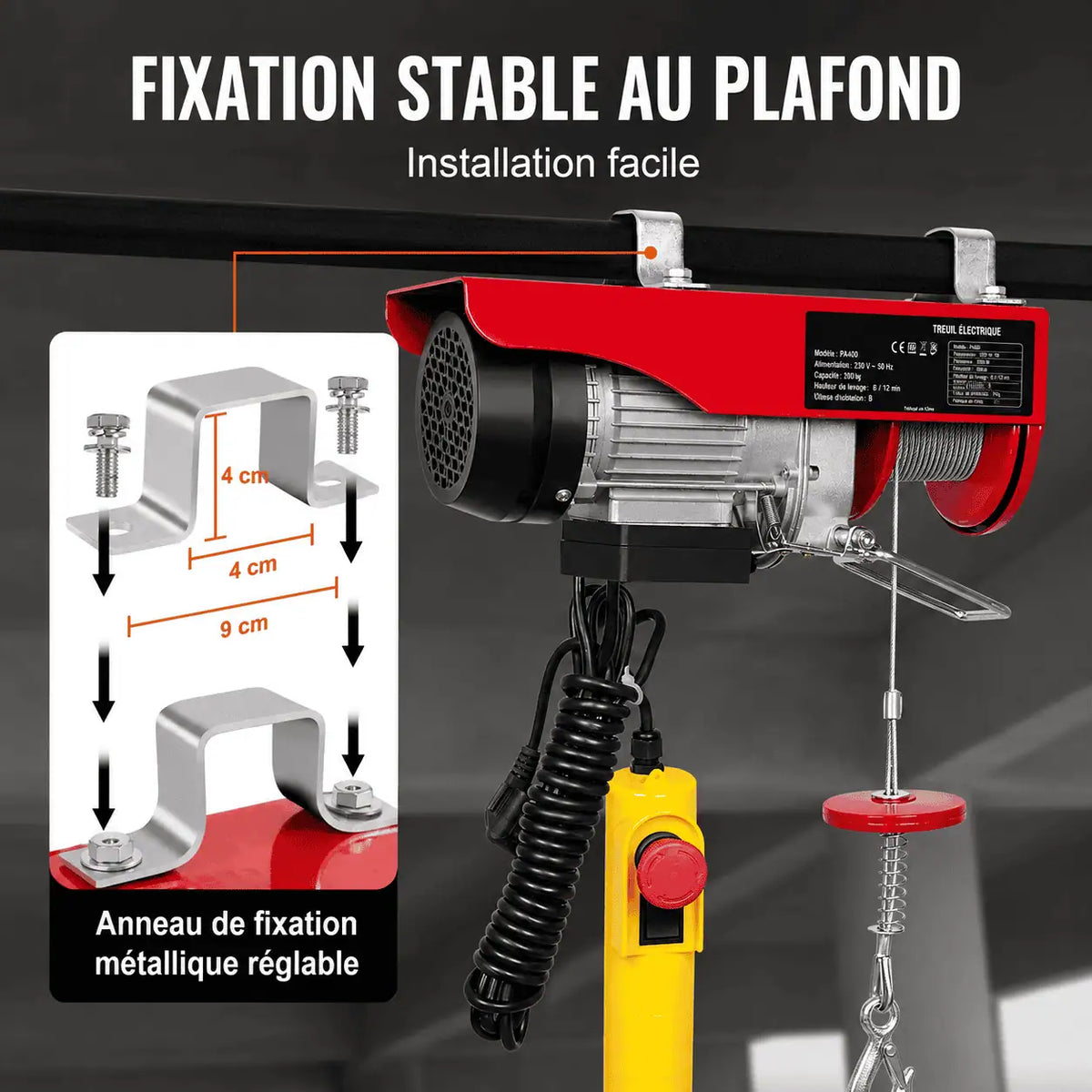 Fixation au plafond du palan par anneau et bride métallique réglable sur poutre