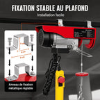 Fixation au plafond du palan par anneau et bride métallique réglable sur poutre