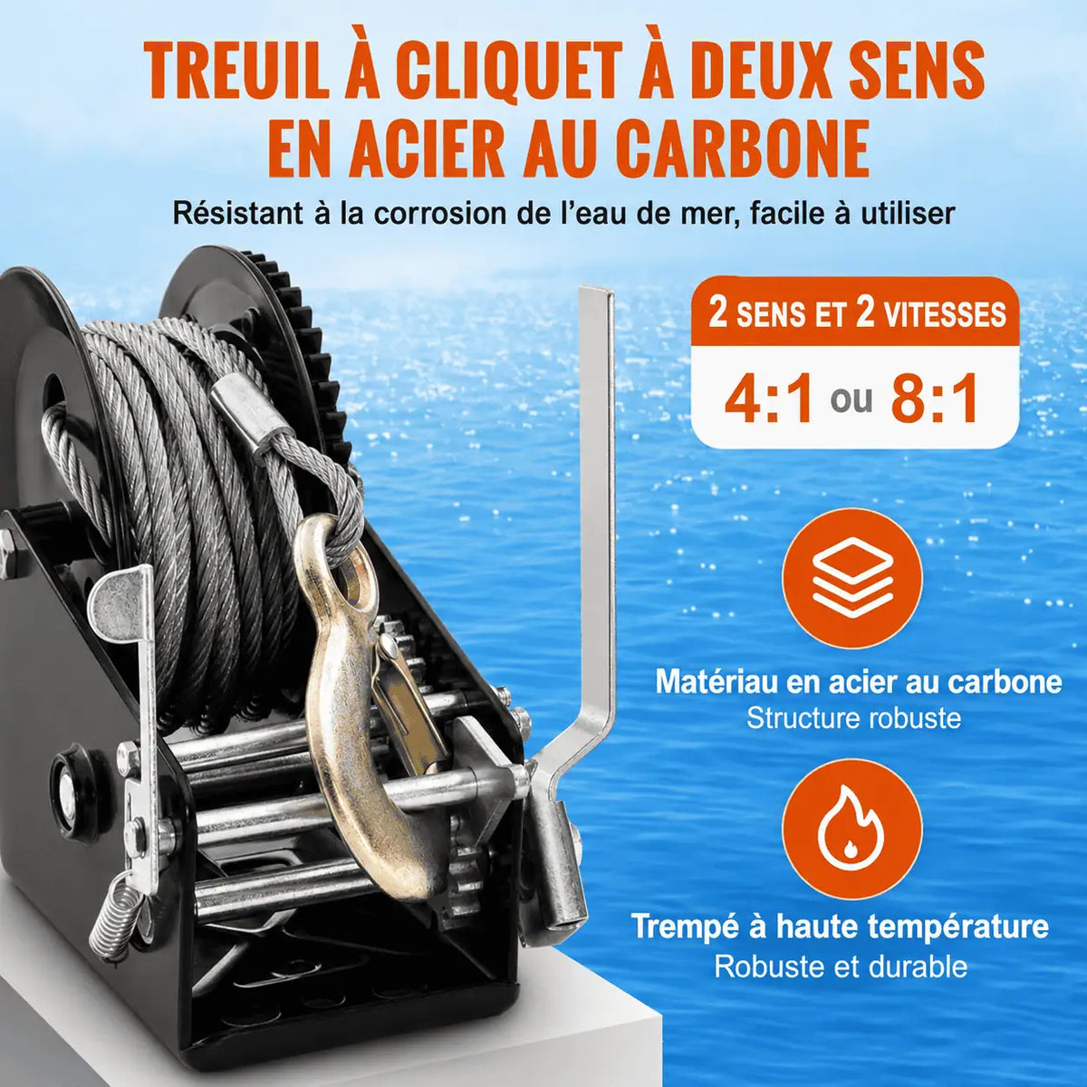 Treuil à cliquet à deux sens en acier au carbone, deux vitesses en rapport 4:1 ou 8:1
