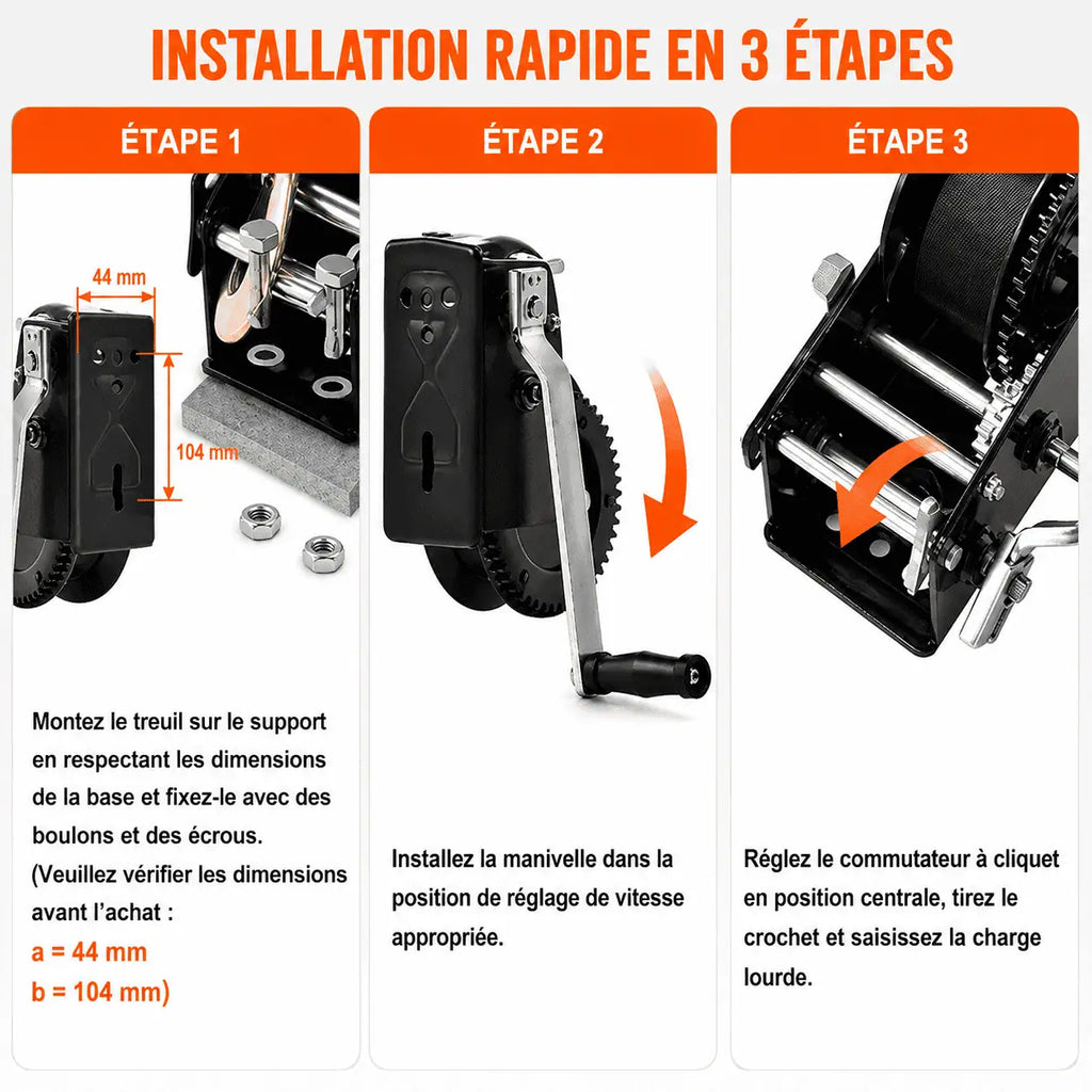 Installation du treuil manuel en trois étapes : montage sur support, réglage du cliquet et fixation du crochet