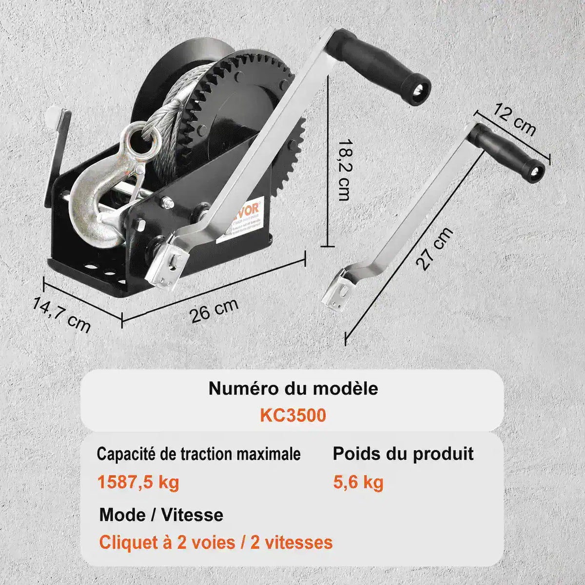 Spécifications du modèle KC3500 : traction maximale 1 587,5 kg, poids 5,6 kg, cliquet à 2 voies et 2 vitesses