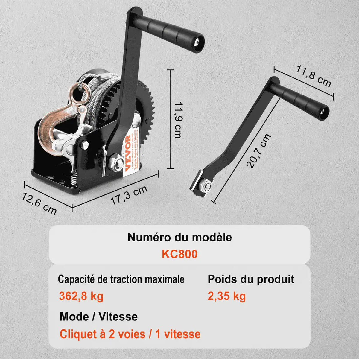 Spécifications du modèle KC800 : traction maximale 362,8 kg, poids 2,25 kg, cliquet à 2 voies et 1 vitesse