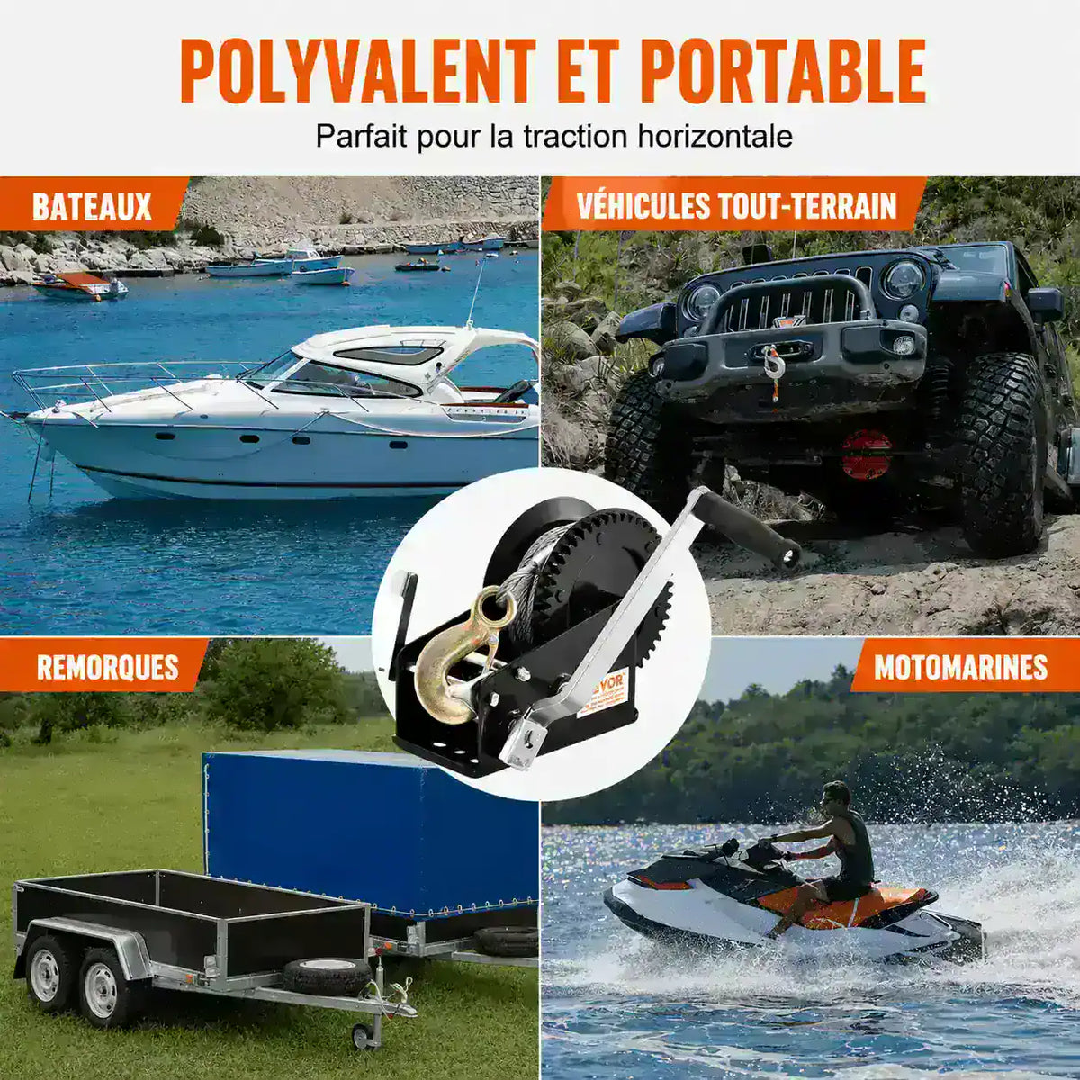 Treuil manuel à manivelle utilisé pour bateaux, véhicules tout-terrain, remorques et motoneiges