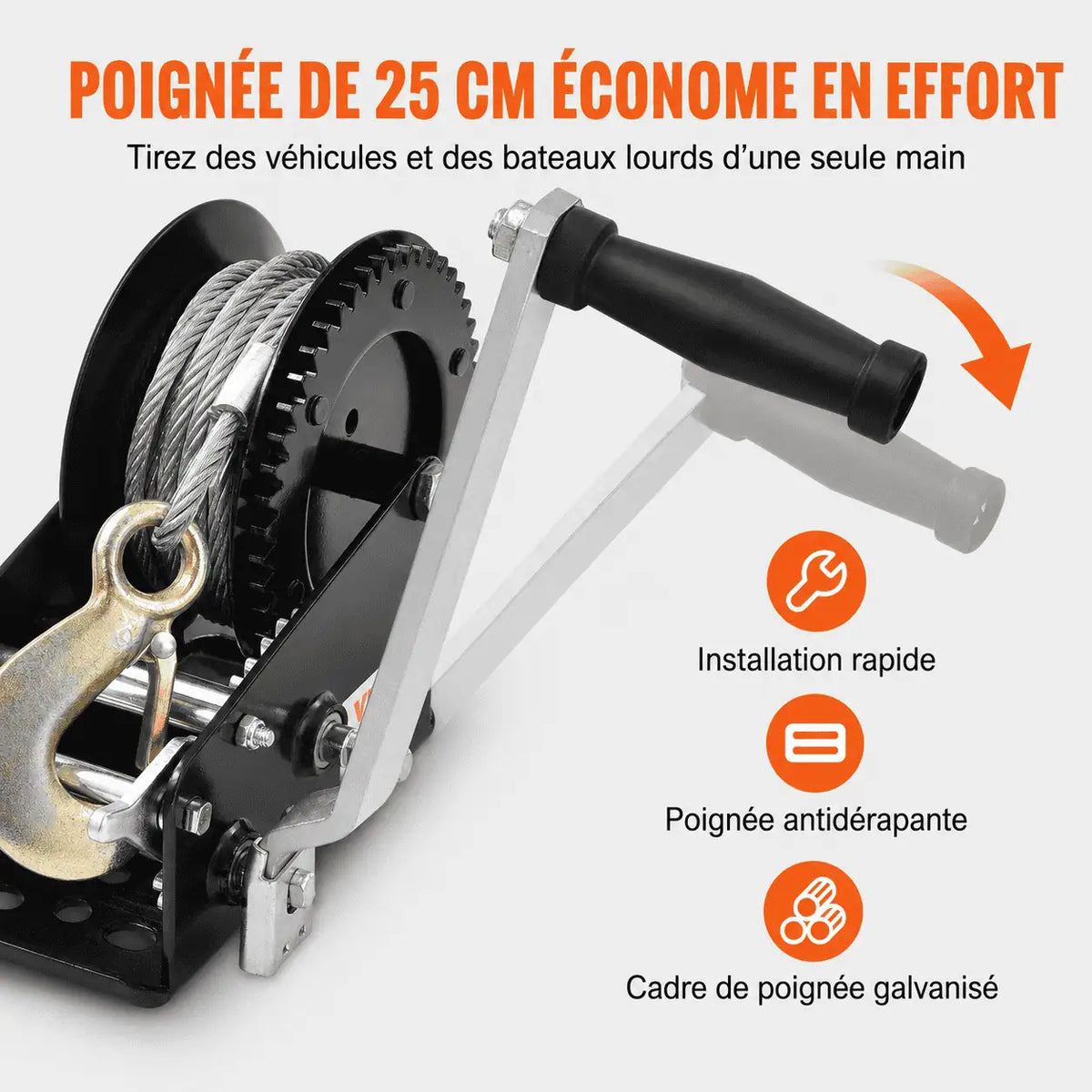 Poignée de 25 cm à revêtement antidérapant et cadre galvanisé, réduisant l'effort de manivelle