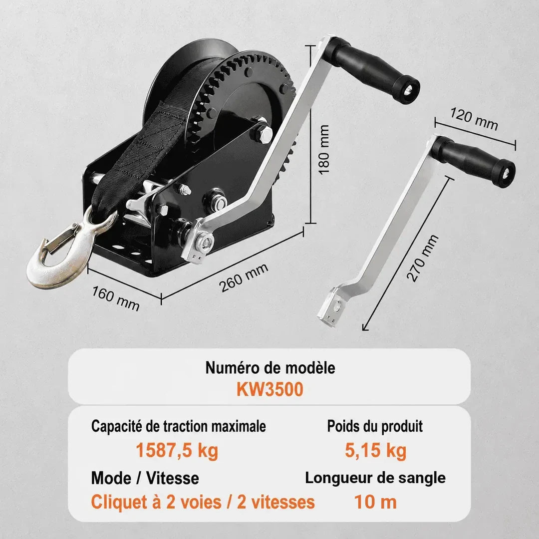 Spécifications du modèle KW3500 : traction maximale 1 587,5 kg, poids 5,15 kg, sangle de 10 m, cliquet à 2 voies et 2 vitesses