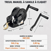 Spécifications du modèle KW1200 : traction maximale 544,3 kg, poids 2,85 kg, sangle de 7 m, cliquet à 2 directions et 1 vitesse