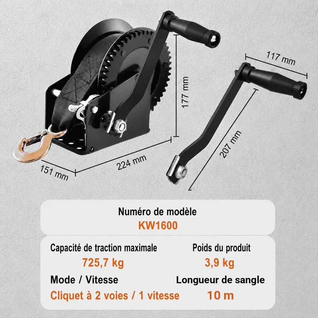 Spécifications du modèle KW1600 : traction maximale 725,7 kg, poids 3,9 kg, sangle de 10 m, cliquet à 2 voies et 1 vitesse