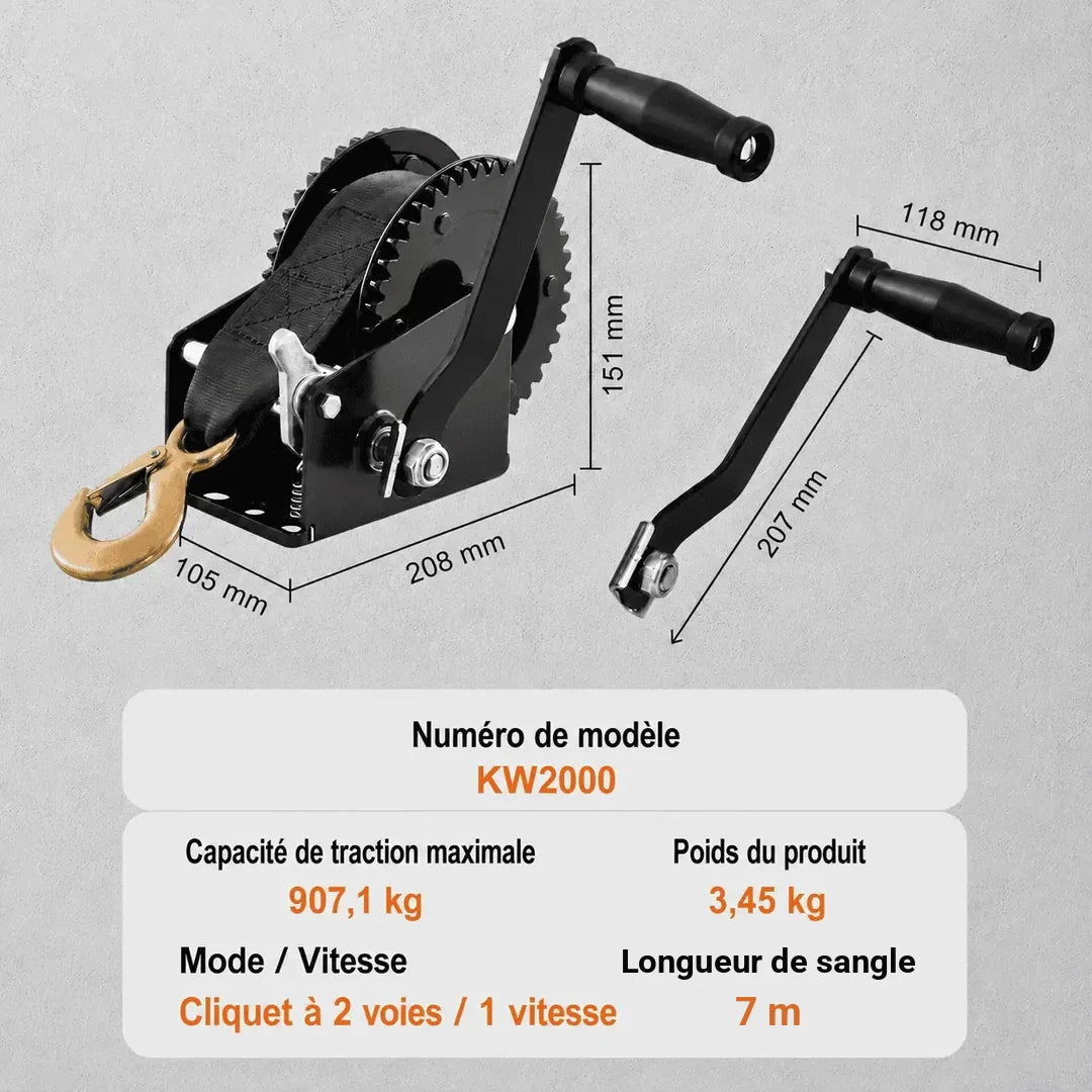Spécifications du modèle KW2000 : traction maximale 907,1 kg, poids 3,45 kg, sangle de 7 m, cliquet à 2 voies et 1 vitesse