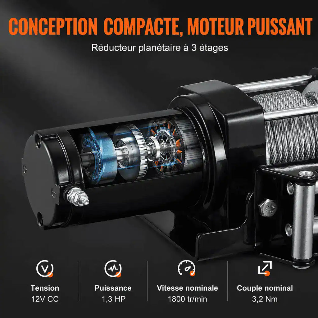 Conception compacte du treuil avec réducteur à trois étages : 12V CC, 1,3 HP, 1 800 tr/min, couple 3,2 Nm