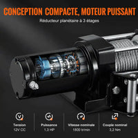 Conception compacte du treuil avec réducteur à trois étages : 12V CC, 1,3 HP, 1 800 tr/min, couple 3,2 Nm