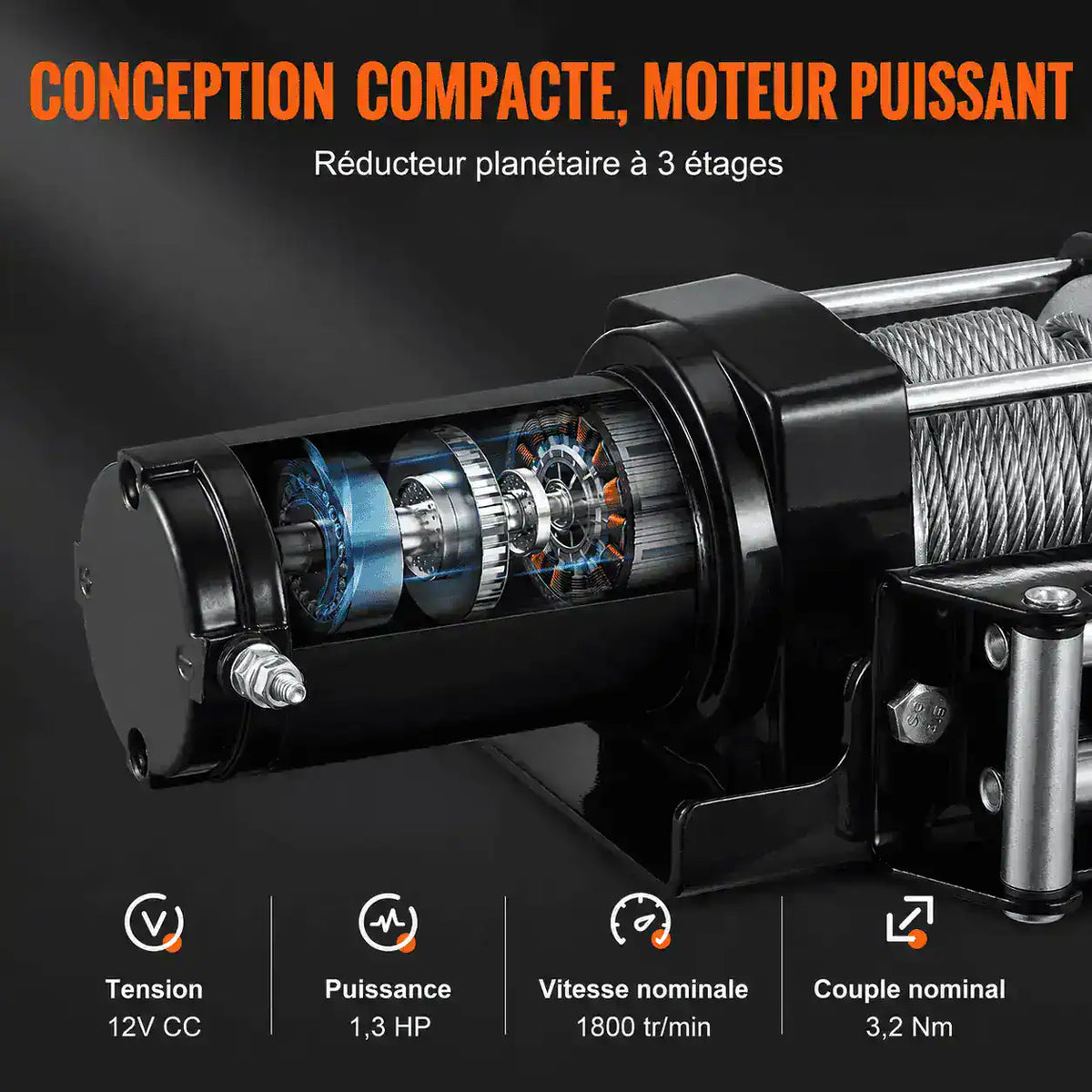 Conception compacte du treuil avec réducteur à trois étages : 12V CC, 1,3 HP, 1 800 tr/min, couple 3,2 Nm