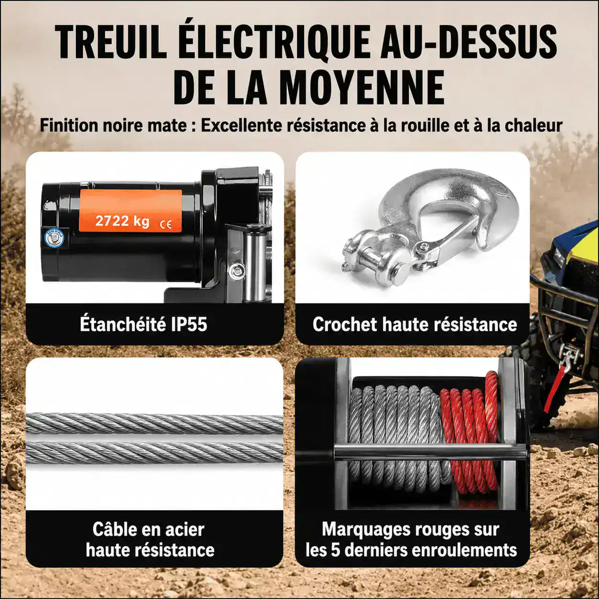 Finition noire mate résistante à la rouille, étanchéité IP55, crochet haute résistance et marquages rouges d'enroulement