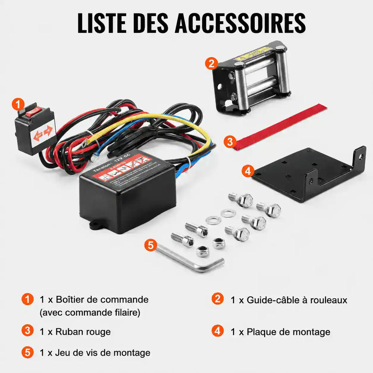 Liste des accessoires : boîtier de contrôle, guide-câble à rouleaux, ruban rouge, plaque de montage et jeu de vis