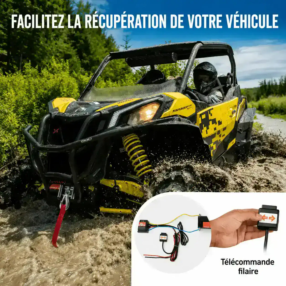 Buggy tracté hors d'un chemin herbeux à l'aide du treuil et de sa télécommande filaire