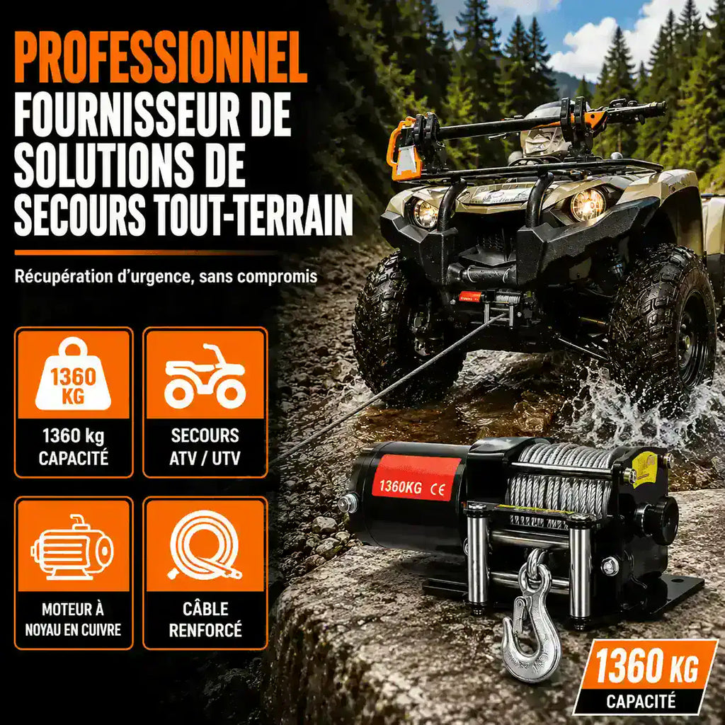 Treuil quad de 1360 kg de capacité utilisé en secours tout-terrain sur quad et UTV