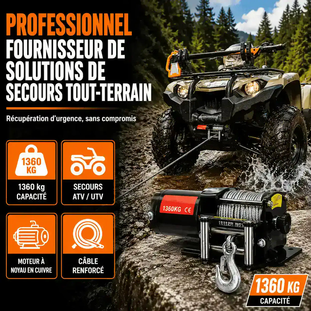 Treuil quad de 1360 kg de capacité utilisé en secours tout-terrain sur quad et UTV