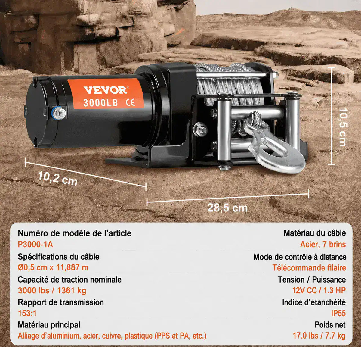 Spécifications du treuil quad : câble acier 7 brins, réduction 153:1, longueur 29,9 cm