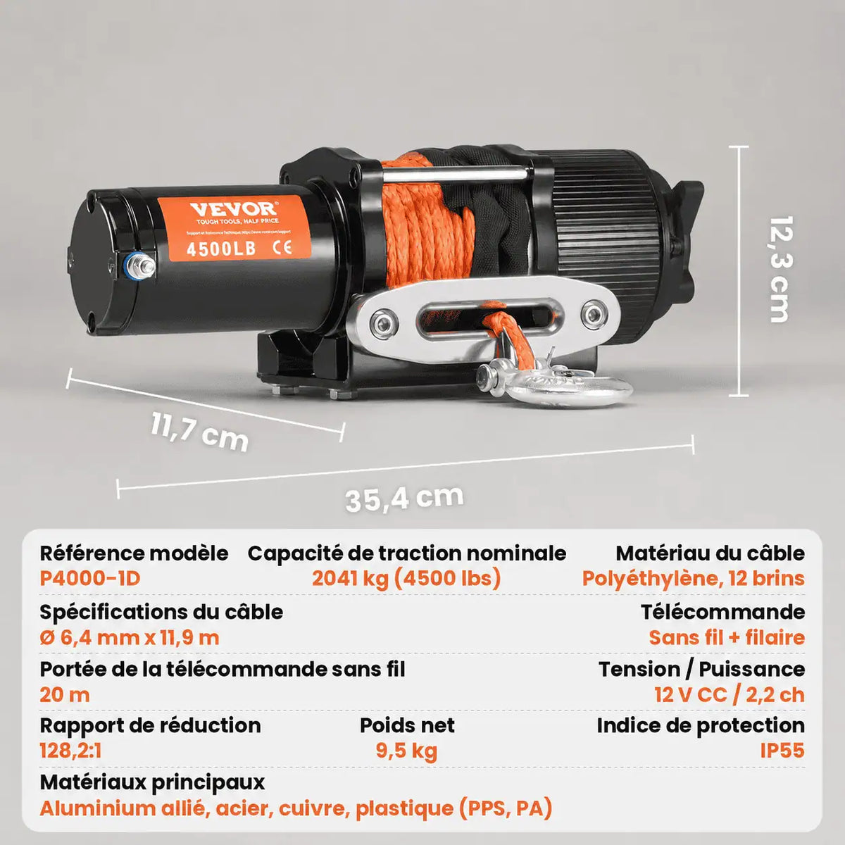 Spécifications du treuil quad : corde polyéthylène 12 brins, réduction 128,2:1, indice IP66