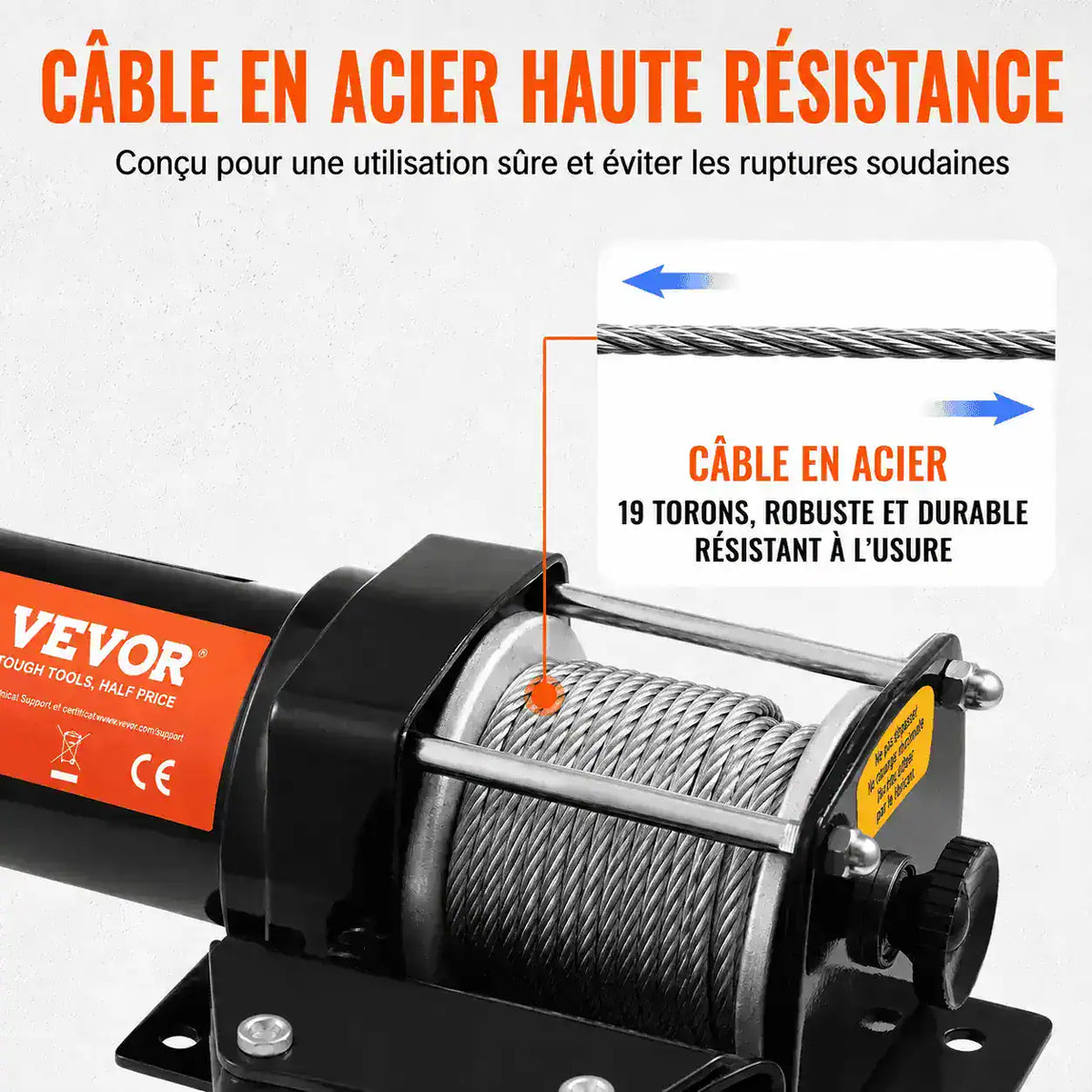 Câble en acier 19 torons du treuil, conçu pour résister à l'usure et aux ruptures soudaines