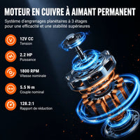 Moteur en cuivre à aimant permanent : 12V CC, 2,3 HP, 1 800 tr/min, couple 5,5 Nm, réduction 128,2:1