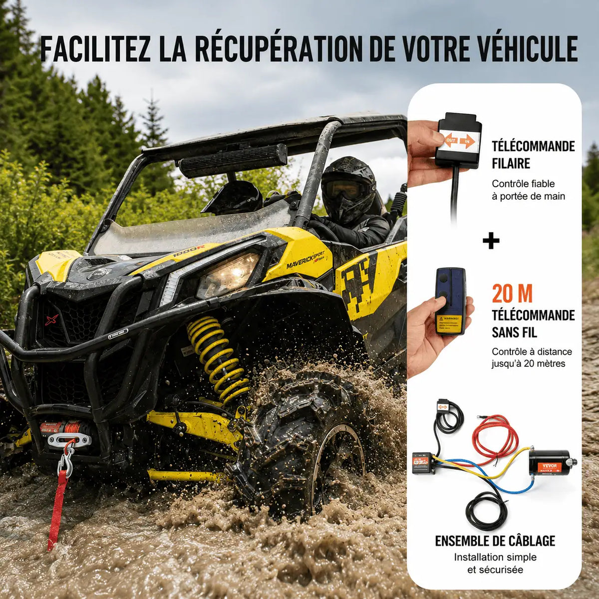 Buggy secouru à l'aide du treuil, télécommande sans fil de 20 m et télécommande filaire
